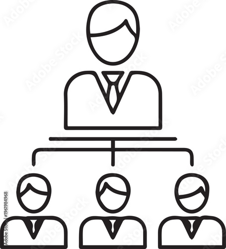 A simple black and white line art icon depicting a corporate hierarchy structure with a manager Vector