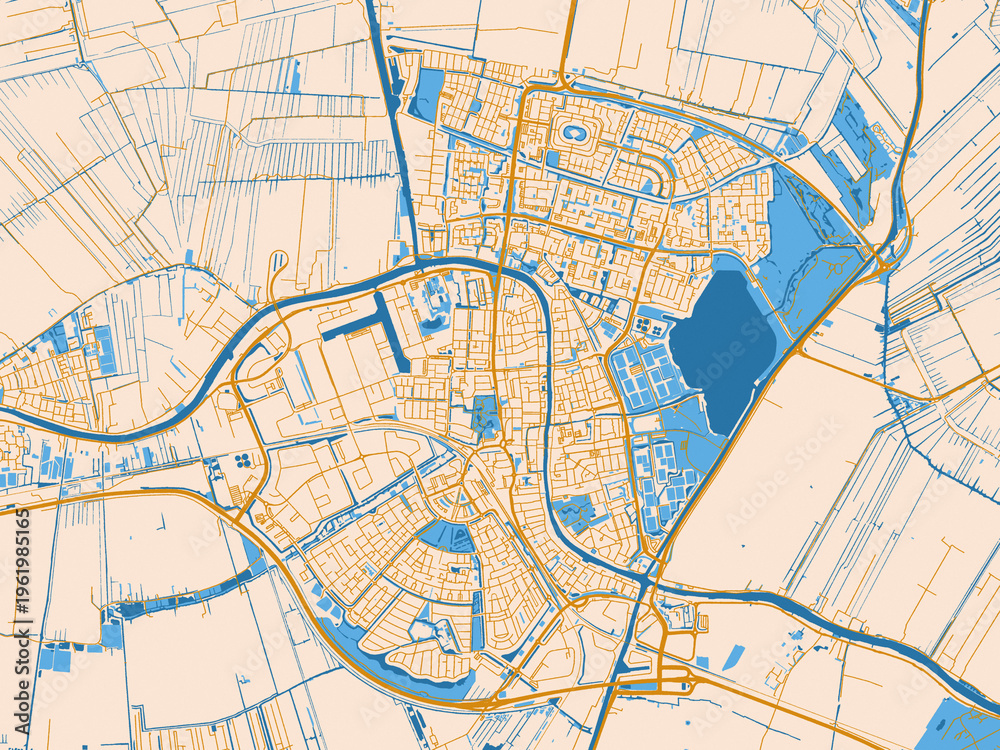 Fototapeta premium Urban map poster of Alphen aan de Rijn, Netherlands with minimal parchment-toned map with golden street network and sky-blue water areas