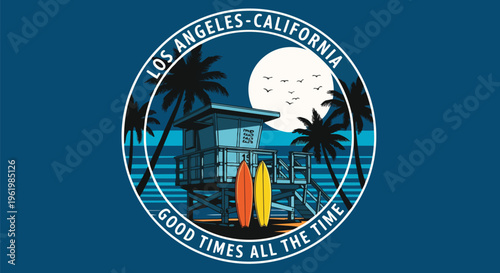 Vibrant Beach Scene with silhouette palm trees, lifeguard station, ocean and surfboards against a circular badge, concept for travel posters, apparel design, and vacation promotions.