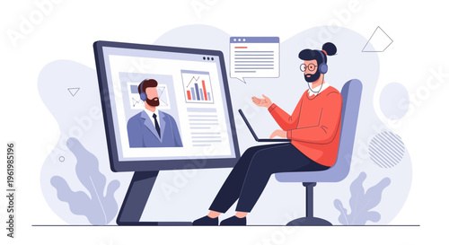 Online Meeting and Remote Work: Man in Video Conference with Charts