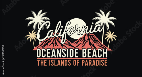 Vibrant California Landscape with Palm Trees against a Black Background, perfect for travel promotions, social media posts, and summer apparel designs.