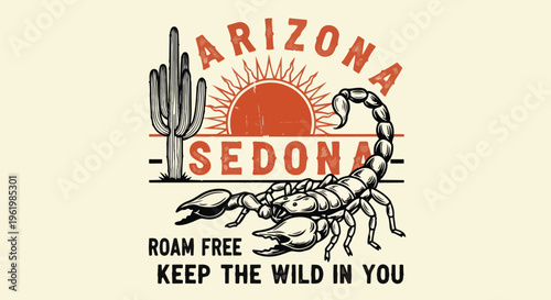 Vibrant Emblem with Arizona Scorpion, with vintage illustration, perfect for travel posters, apparel design, and branding materials.