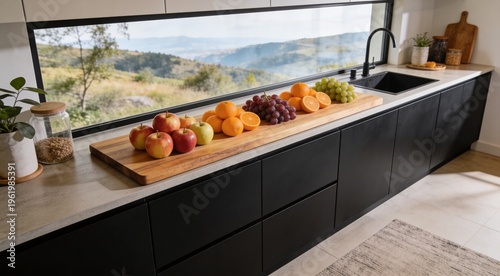 Stunning Ultra HD Aerial View of Fresh Fruits and Wooden Cutting Board on Countertop with Modern Matte Black Cabinetry