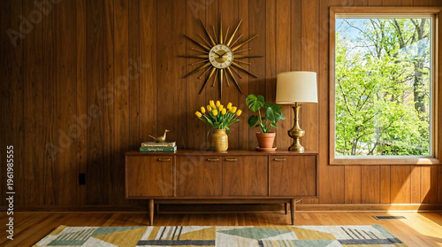 Midcentury modern interior with wood paneling as a spring zoom background