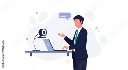 Man in Suit Video Calling on Laptop with Webcam and Speech Bubble