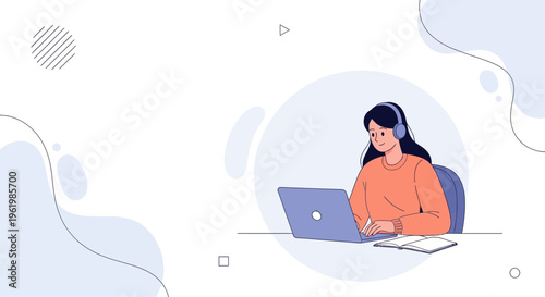 Young Woman Wearing Headphones Studying Online on Laptop with Notebook