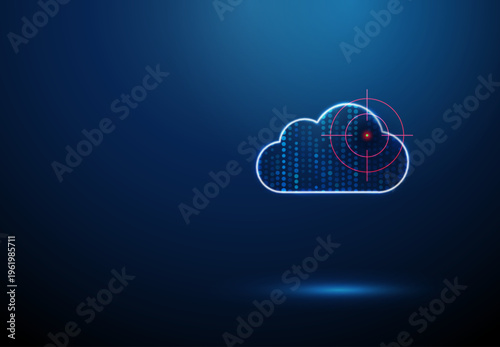 3d blue data cloud inside target crosshair. Data targeting, cloud analytics, big data analysis, hacking attempts, cyberattack targeting, data breach risk concept.
