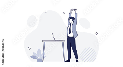 Businessman stretching at desk with laptop, office break, healthy work habits
