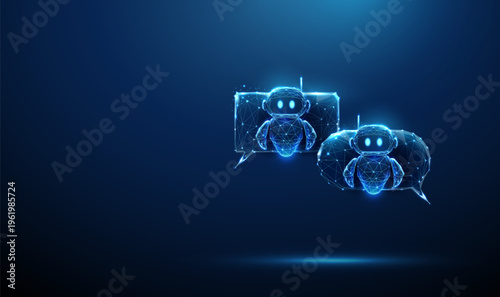 3d two speech bubbles with robots. AI-to-AI communication, chatbot interaction, automated dialogue, intelligent assistant exchange, smart system collaboration concept