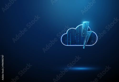 3d blue data cloud and lightning bolt. High speed data processing, cloud computing power, real time analytics, data transmission, digital acceleration concept.