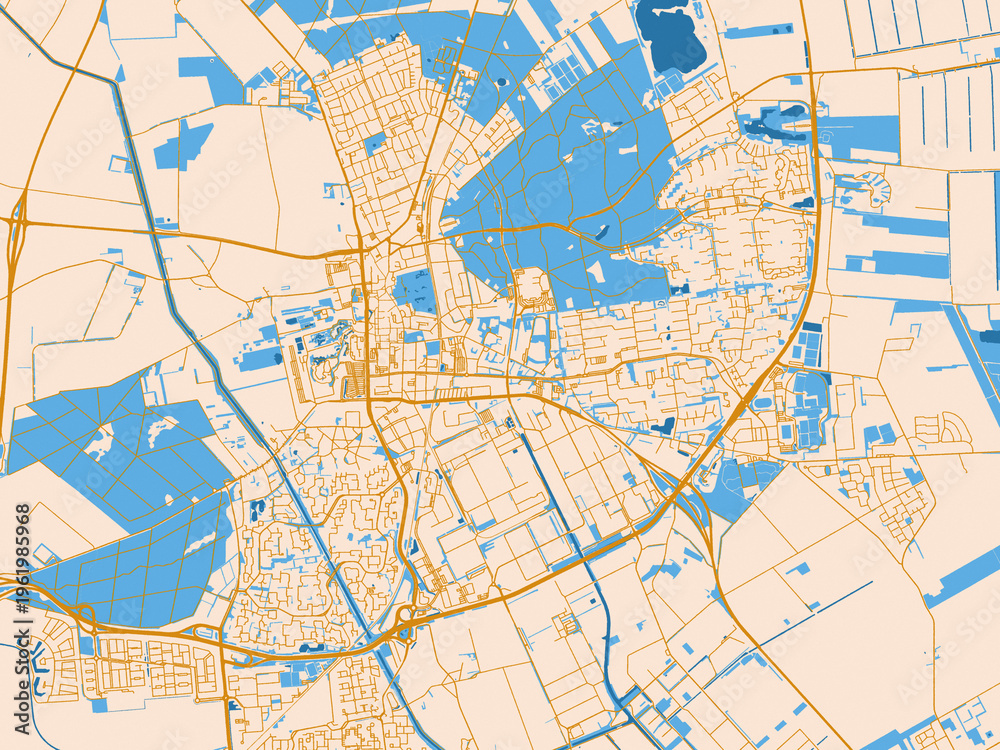 Fototapeta premium Urban map poster of Emmen, Netherlands with soft ivory map base with ochre-gold streets and clear blue water shapes for crisp contrast