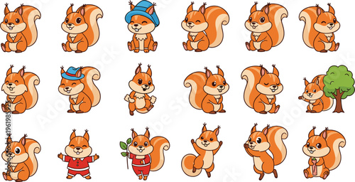 Cute squirrel characters set with different poses and outfits, cartoon woodland animals collection for kids illustration, stickers, nursery decor and playful vector design