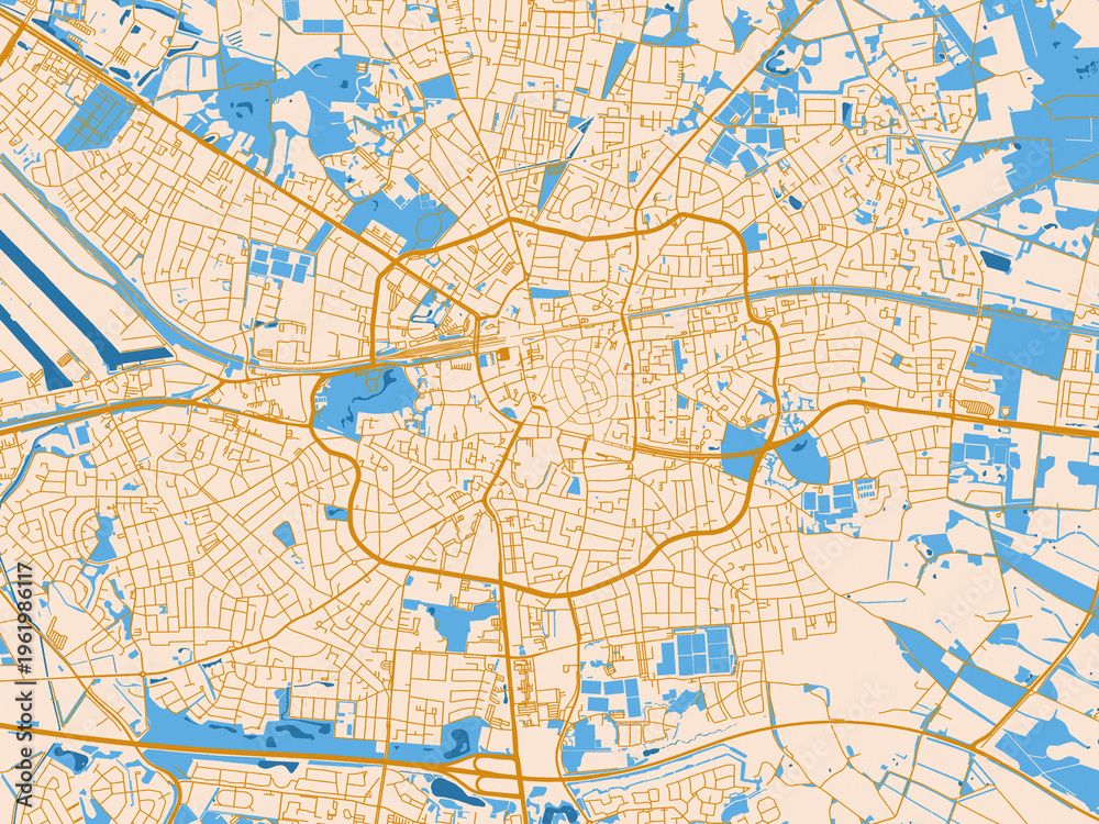 Obraz premium City map of Enschede, Netherlands — minimal parchment-toned map with golden street network and sky-blue water areas