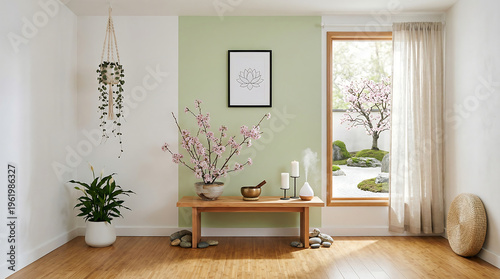 Minimalist Zen Interior with Cherry Blossom View, Spring Zoom Background for Video Meetings