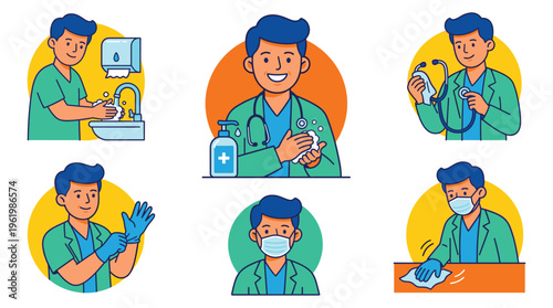 Illustrations of a professional doctor demonstrating essential healthcare practices for clinical safety