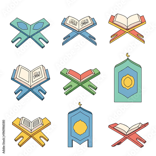 Colorful Quran Rehal Illustration Set.
