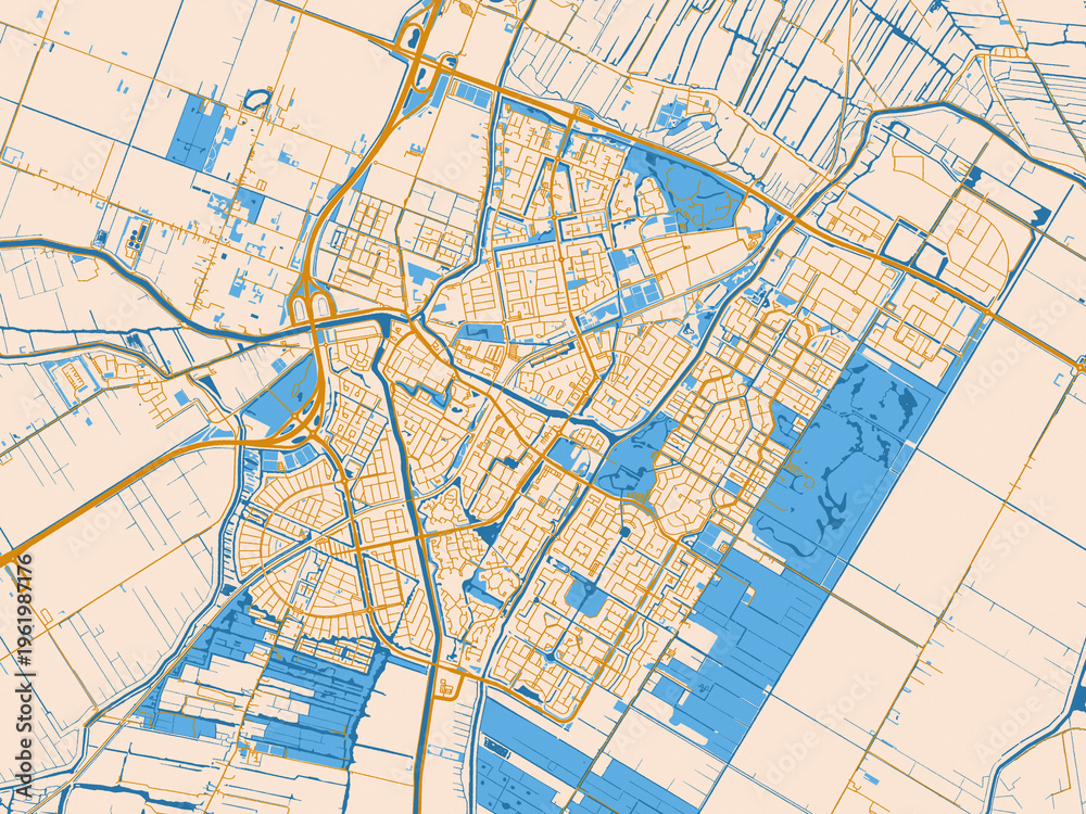 Naklejka premium Urban map poster of Purmerend, Netherlands with minimal parchment-toned map with golden street network and sky-blue water areas