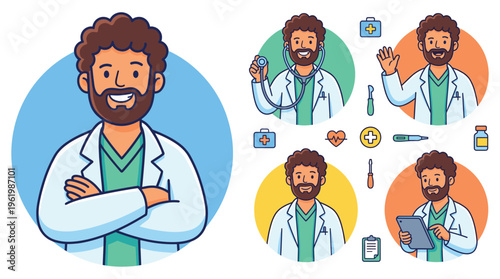 Versatile cartoon doctor character icons and set for healthcare, medical, and clinical professional services