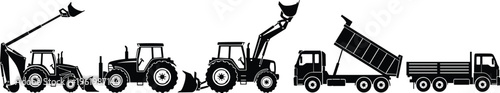 Black and white silhouette set of heavy construction machinery and agricultural equipment including backhoe loader tractor with front shovel tipper dump truck and flatbed vehicle