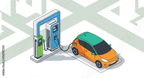 Electric Car Charging at Station Isometric Illustration.