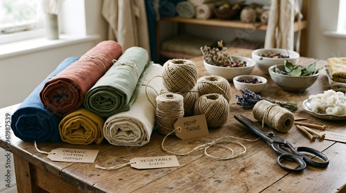 A wooden table with rolls of colored fabric, threads, and sewing tools