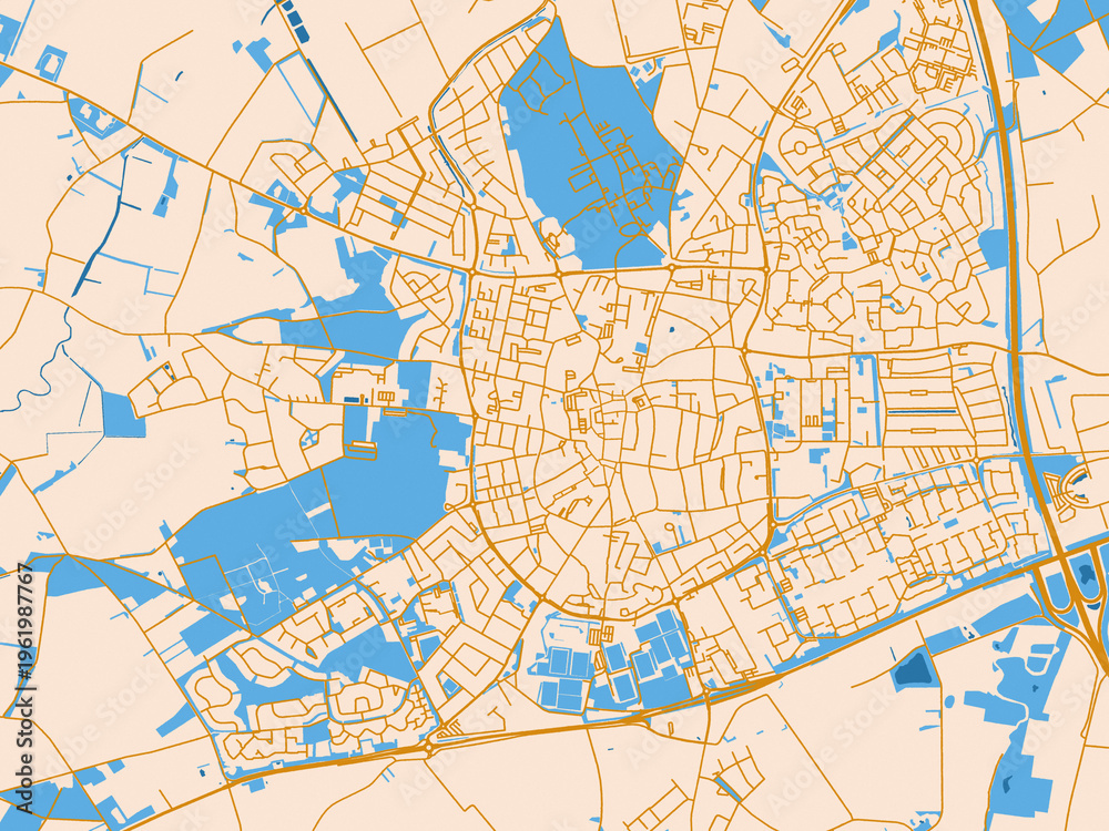 Fototapeta premium Urban map poster of Venray, Netherlands – golden linework with blue water