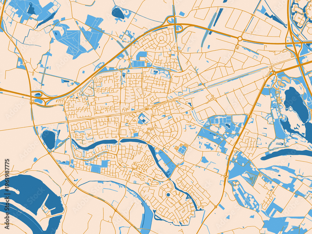 Fototapeta premium Street map of Wijchen, Netherlands in golden linework with blue water