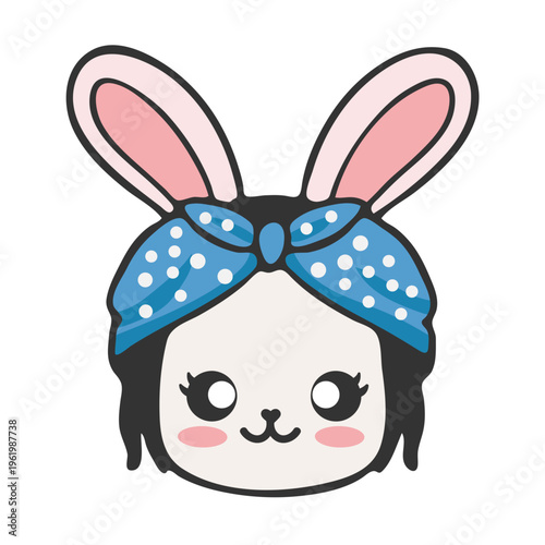 A cute cartoon girl wearing bunny ears and a blue polka dot headband