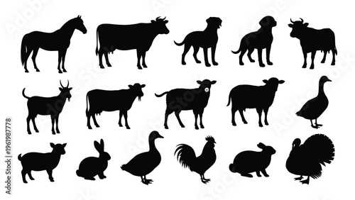 Collection of black silhouettes of various farm and domestic animals