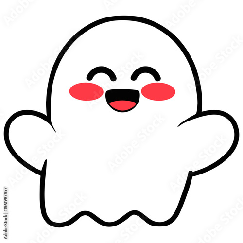 A cute cartoon ghost with a smiling face and rosy cheeks in a playful vector illustration