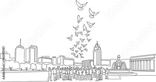 city skyline with flying pigeons