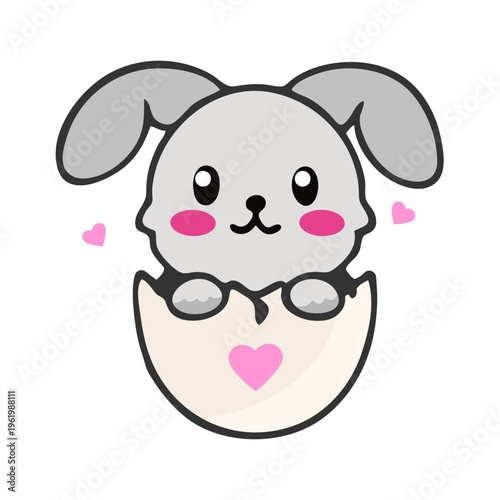 A cute cartoon bunny emerging from an eggshell with a heart on it