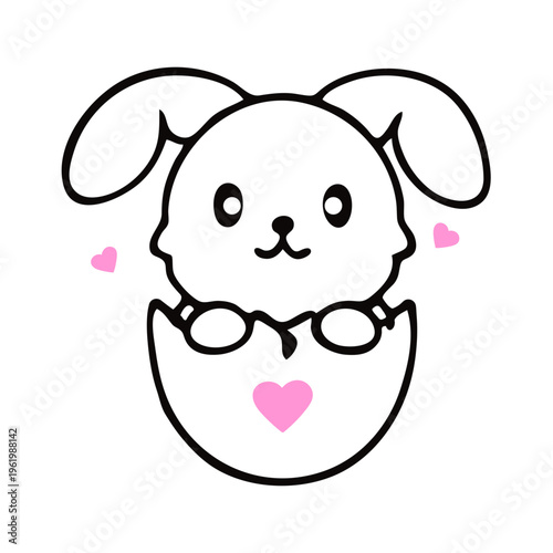 A cute cartoon bunny emerges from an eggshell with hearts around it