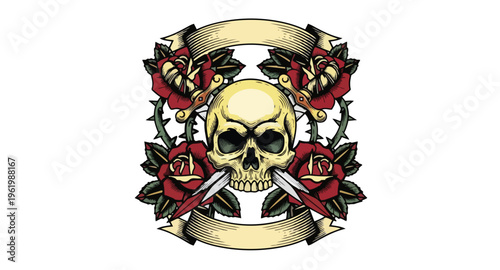 Vintage skull and roses tattoo design with banner elements