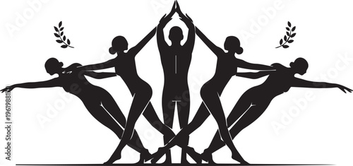 Silhouette of five dancers in a circle formation