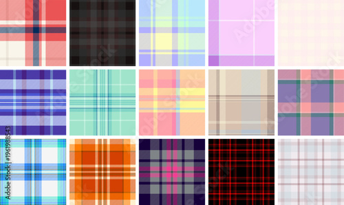 Plaid bundle optimized for print catalogs of birthday supplies. Coordinated tartan patterns support style guides. Vector structure preserves clarity.