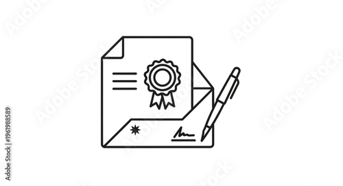 Line Art Illustration of a Document with Seal and Pen for Certification.