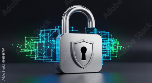 Silver Padlock with Shield Icon Protecting Digital Network Security.