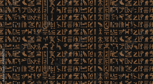 Seamless ancient Egyptian hieroglyphic wall vector pattern, a detailed historical background graphic featuring traditional symbolic carvings for cultural and antique design projects