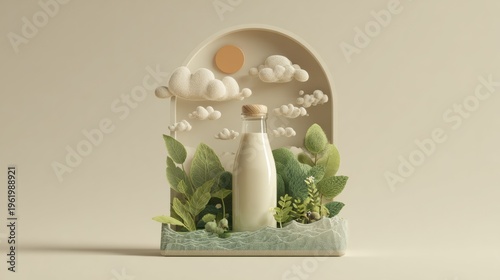 Refreshing milk bottle surrounded by lush greenery minimalist display serene environment nature-inspired concept
