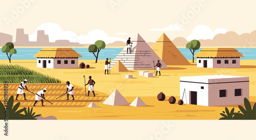 Detailed vector illustration showcasing daily life, agriculture, and monumental construction in an ancient civilization by a river, evoking historical scenes
