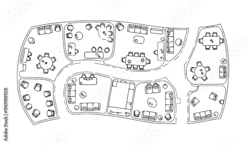 Interior seating arrangement floor plan with chairs tables and sofas top view architectural layout vector line design