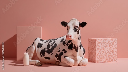 Cow relaxing in studio artistic display minimalist environment soft color palette unique perspective