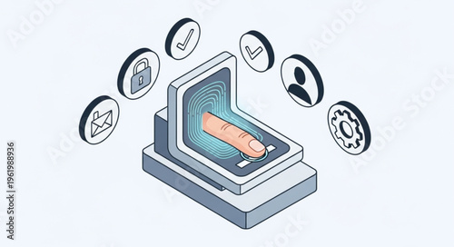 Isometric Authentication System with Fingerprint Scan and Security Icons.