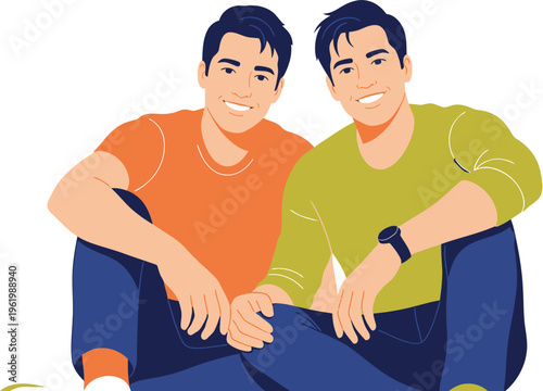 Happy young gay couple holding hands while sitting together indoors, celebrating love and relationship