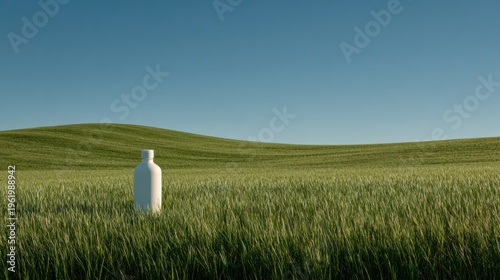 Bottle in a lush green field nature scene minimalist composition daylight peaceful environment for eco-friendly themes