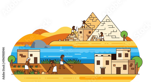 Vibrant vector illustration showcasing ancient Egyptian daily life, with people farming by the Nile and building iconic pyramids under a golden sky
