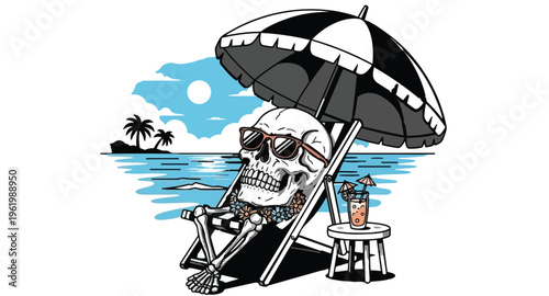 Skull Relaxing on Beach Chair Under Umbrella by Ocean