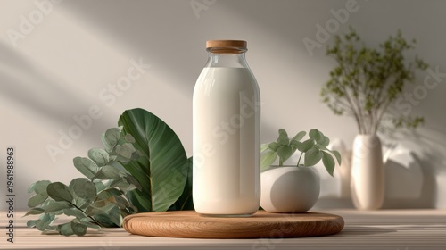 Fresh milk bottle on wooden tray with greenery home interior still life natural lighting minimalist view