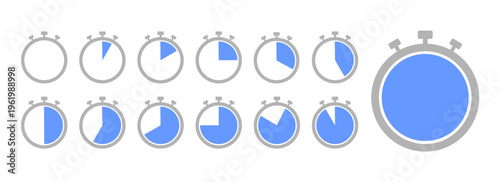 Stopwatch timer icon set for countdown and progress. Vector illustration of chronometer showing time intervals from start to finish. Flat blue timer icons for UI design and infographic concepts